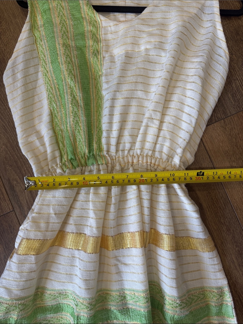 Ethiopian Dress. Cream Dress with Green & Gold Stripes - Picture 4 of 8